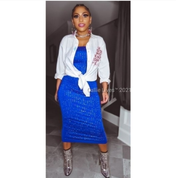 New! Bling Rainbow Rhinestone Multi-Color Blue Midi Dress Size Small - Picture 11 of 11